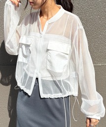 ISOOK | 【ISOOK / アイスー】メッシュライトブルゾン / クロップド丈 フィッシュネット ノーカラー ぽわん袖 白 ホワイト グレー ZOZOTOWN限定(ブルゾン)