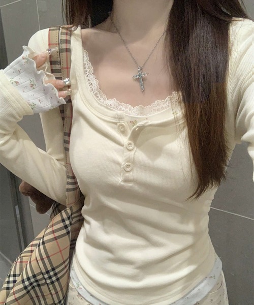 WESTSEA（ウエストシー）の「フェイクレイヤード レース付 花柄 ヘンリーネック リブ長袖カットソー（Tシャツ/カットソー・レディース・ピンク/オフホワイト・M/L）」の2枚目の写真