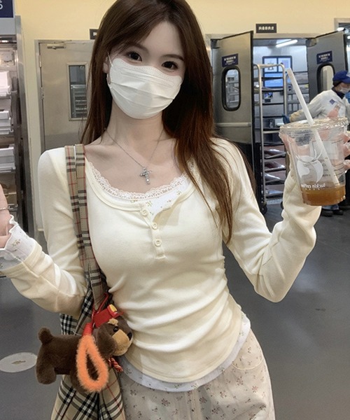 WESTSEA（ウエストシー）の「フェイクレイヤード レース付 花柄 ヘンリーネック リブ長袖カットソー（Tシャツ/カットソー・レディース・ピンク/オフホワイト・M/L）」の5枚目の写真