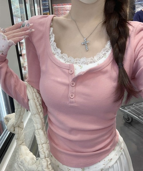 WESTSEA（ウエストシー）の「フェイクレイヤード レース付 花柄 ヘンリーネック リブ長袖カットソー（Tシャツ/カットソー・レディース・ピンク/オフホワイト・M/L）」の11枚目の写真