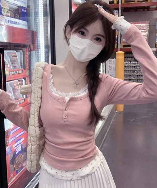 WESTSEA（ウエストシー）の「フェイクレイヤード レース付 花柄 ヘンリーネック リブ長袖カットソー（Tシャツ/カットソー・レディース・ピンク/オフホワイト・M/L）」の12枚目の写真