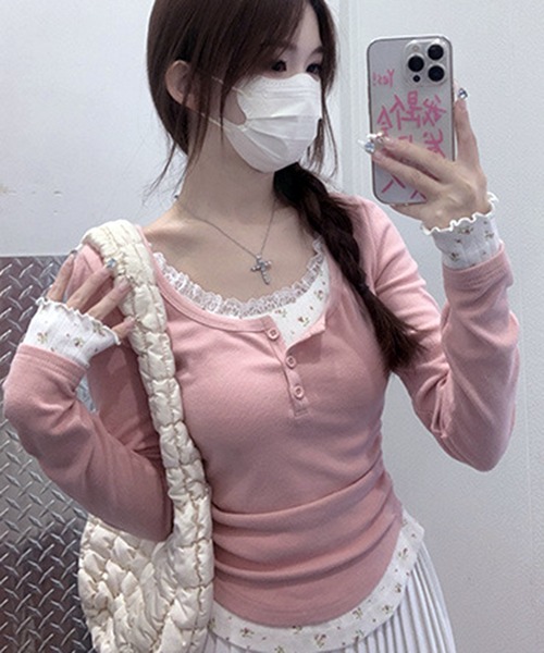 WESTSEA（ウエストシー）の「フェイクレイヤード レース付 花柄 ヘンリーネック リブ長袖カットソー（Tシャツ/カットソー・レディース・ピンク/オフホワイト・M/L）」の13枚目の写真