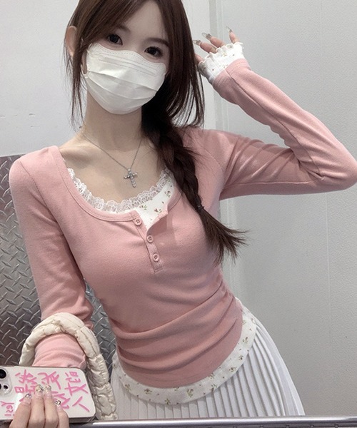 WESTSEA（ウエストシー）の「フェイクレイヤード レース付 花柄 ヘンリーネック リブ長袖カットソー（Tシャツ/カットソー・レディース・ピンク/オフホワイト・M/L）」の14枚目の写真