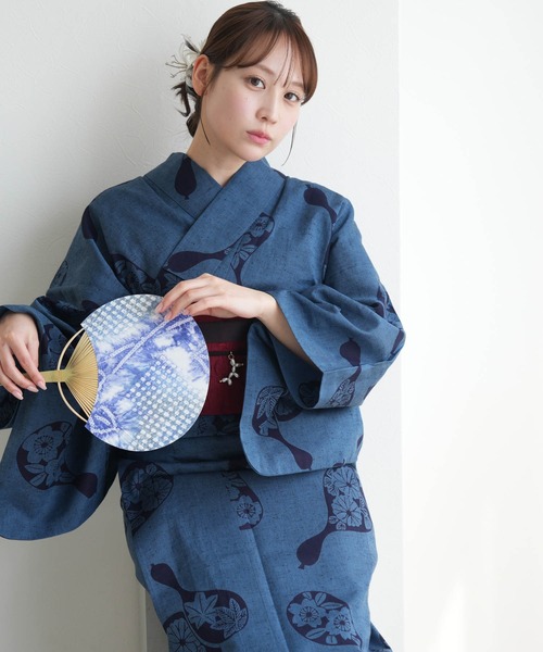 手染め注染浴衣3点セット utatane×注染工房 赤坂紬 青藍に小菊瓢箪