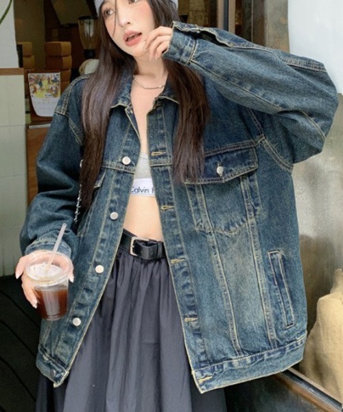 gossip!ロサンゼルス(ゴシップロサンゼルス)の「ヴィンテージカジュアル ルーズシルエット オーバーサイズ 春 秋 アウター メンズライク(デニムジャケット・レディース・ブルー・L/M/S)」の4枚目の写真