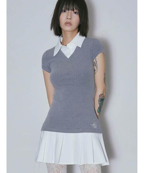 NIIER NOR(ニアノア)の「A'GEM/9 × .kom 『NIIER NOR/ニーアノア』 LAYERED SHIRT DRESS/レイヤード シャツドレス(ワンピース・レディース・グレー/ブラック・FREE)」の4枚目の写真