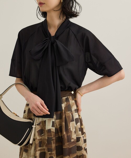 ROPE'(ロペ)の「【洗える】シアートリコットボウタイブラウス(Tシャツ/カットソー・レディース・ブラック/ホワイト/オレンジ・36/38)」の6枚目の写真