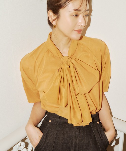 ROPE'(ロペ)の「【洗える】シアートリコットボウタイブラウス(Tシャツ/カットソー・レディース・ブラック/ホワイト/オレンジ・36/38)」の3枚目の写真