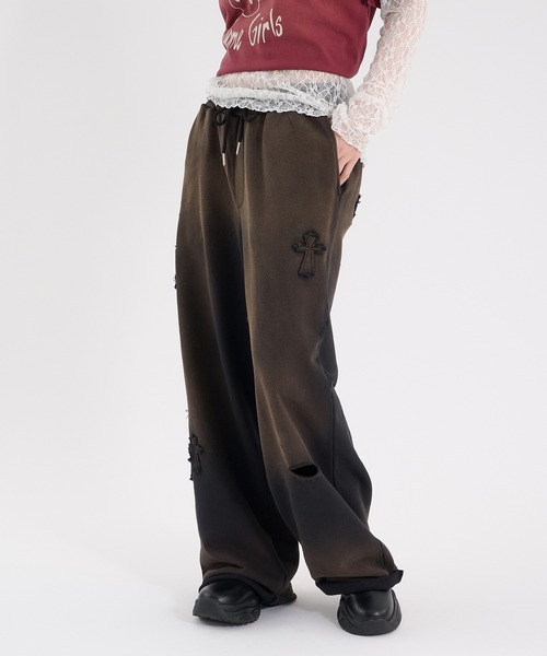 Perushu（ペルーシュ）の「CROSS DAMAGE SWEAT PANTS クロスダメージスウェットパンツ（スウェットパンツ・メンズ・ブラウン/ネイビー/ブラック・LARGE/MEDIUM）」の5枚目の写真