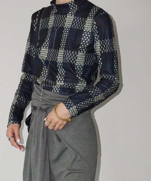 チェックプリント ハイネックトップス chw25a014-ファッション