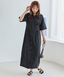 レディース LOHEN バンドカラー ロングシャツワンピース ブラック 春夏