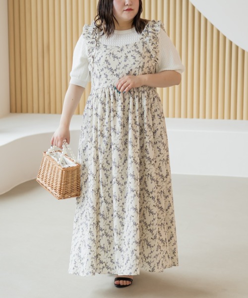 CLETTE(クレット)の「フリルリボン花柄ワンピース(ワンピース・レディース・アイボリー/ホワイト/ブラウン・LL/3L/4L)」の3枚目の写真