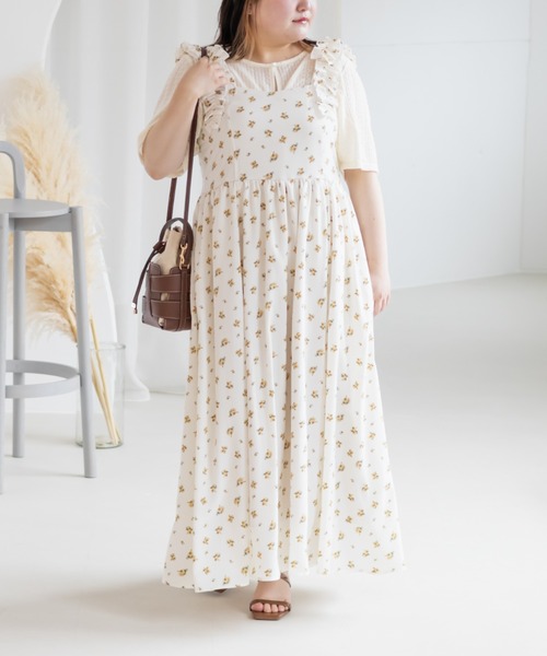 CLETTE(クレット)の「フリルリボン花柄ワンピース(ワンピース・レディース・アイボリー/ホワイト/ブラウン・LL/3L/4L)」の1枚目の写真