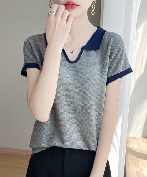 ROOPTOKYO（ループトウキョウ）の「透かし編み 襟付き ニットベスト（ベスト・レディース・グレー/レッド/マスタード/ロイヤルブルー/アイボリー/ライトブルー/ダークグレー・FREE）」の3枚目の写真