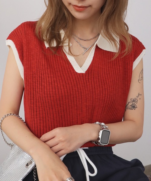 ROOPTOKYO（ループトウキョウ）の「透かし編み 襟付き ニットベスト（ベスト・レディース・グレー/レッド/マスタード/ロイヤルブルー/アイボリー/ライトブルー/ダークグレー・FREE）」の7枚目の写真