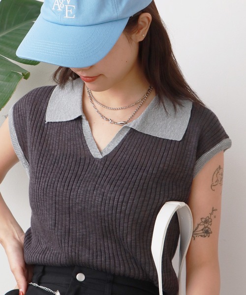 ROOPTOKYO（ループトウキョウ）の「透かし編み 襟付き ニットベスト（ベスト・レディース・グレー/レッド/マスタード/ロイヤルブルー/アイボリー/ライトブルー/ダークグレー・FREE）」の4枚目の写真