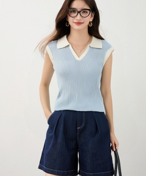 ROOPTOKYO（ループトウキョウ）の「透かし編み 襟付き ニットベスト（ベスト・レディース・グレー/レッド/マスタード/ロイヤルブルー/アイボリー/ライトブルー/ダークグレー・FREE）」の5枚目の写真