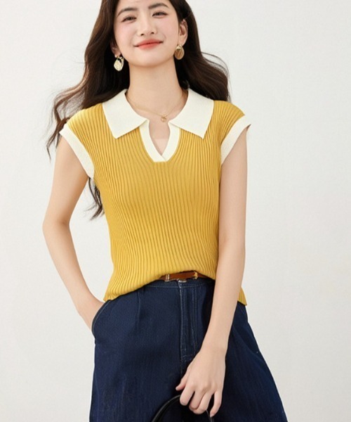 ROOPTOKYO（ループトウキョウ）の「透かし編み 襟付き ニットベスト（ベスト・レディース・グレー/レッド/マスタード/ロイヤルブルー/アイボリー/ライトブルー/ダークグレー・FREE）」の6枚目の写真