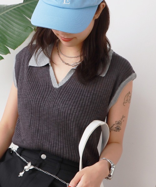 ROOPTOKYO（ループトウキョウ）の「透かし編み 襟付き ニットベスト（ベスト・レディース・グレー/レッド/マスタード/ロイヤルブルー/アイボリー/ライトブルー/ダークグレー・FREE）」の11枚目の写真