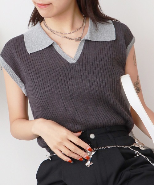 ROOPTOKYO（ループトウキョウ）の「透かし編み 襟付き ニットベスト（ベスト・レディース・グレー/レッド/マスタード/ロイヤルブルー/アイボリー/ライトブルー/ダークグレー・FREE）」の13枚目の写真