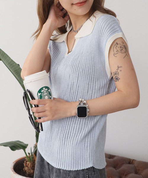 ROOPTOKYO（ループトウキョウ）の「透かし編み 襟付き ニットベスト（ベスト・レディース・グレー/レッド/マスタード/ロイヤルブルー/アイボリー/ライトブルー/ダークグレー・FREE）」の16枚目の写真