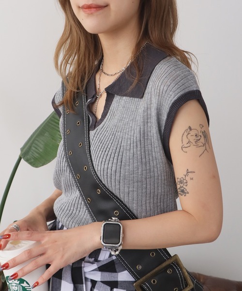 ROOPTOKYO（ループトウキョウ）の「透かし編み 襟付き ニットベスト（ベスト・レディース・グレー/レッド/マスタード/ロイヤルブルー/アイボリー/ライトブルー/ダークグレー・FREE）」の9枚目の写真