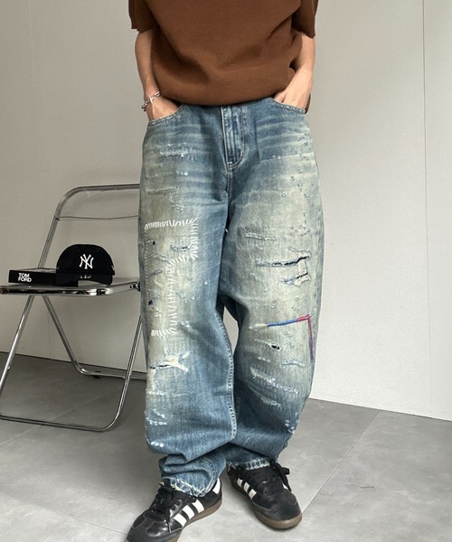デニムダンガリー 刺繍 ダメージ デニムパンツ ブルー 01.150 デニムダンガリー DENIM DUNGAREE 12ozHOMEMADEデニム