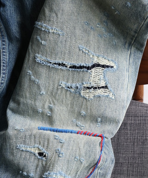 デニムダンガリー 刺繍 ダメージ デニムパンツ ブルー 01.150 デニムダンガリー 刺繍 ダメージ デニムパンツ ブルー 01.150