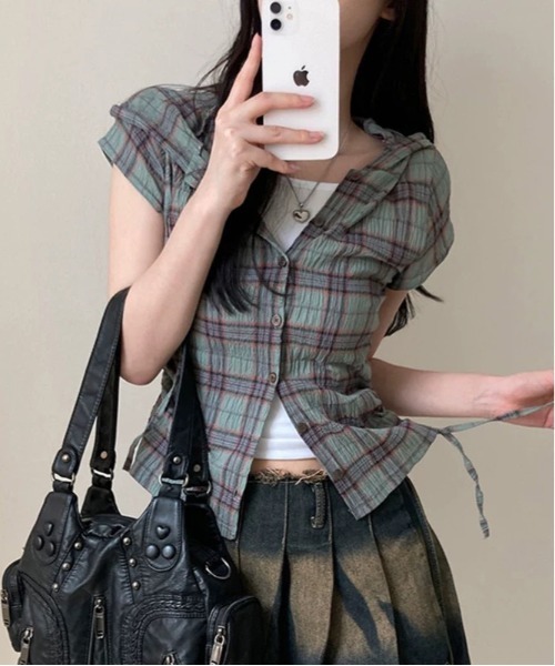 gossip！ロサンゼルス（ゴシップロサンゼルス）の「サイドシャーリング コンパクトチェックシャツ バレエコア Y2K（シャツ/ブラウス・レディース・オフホワイト/ネイビー/グリーン・FREE）」の17枚目の写真