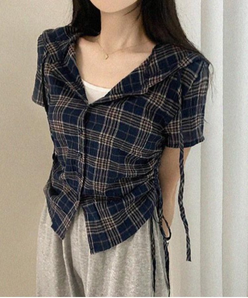 gossip！ロサンゼルス（ゴシップロサンゼルス）の「サイドシャーリング コンパクトチェックシャツ バレエコア Y2K（シャツ/ブラウス・レディース・オフホワイト/ネイビー/グリーン・FREE）」の18枚目の写真