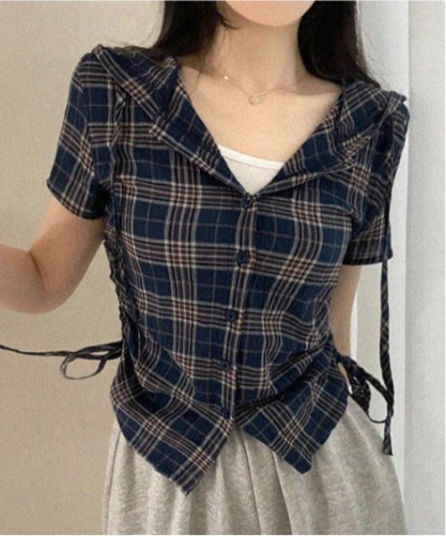 gossip！ロサンゼルス（ゴシップロサンゼルス）の「サイドシャーリング コンパクトチェックシャツ バレエコア Y2K（シャツ/ブラウス・レディース・オフホワイト/ネイビー/グリーン・FREE）」の19枚目の写真