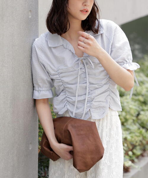 FREE'S MART(フリーズマート)の「◆リボンシャーリングストライプブラウス(シャツ/ブラウス・レディース・ブルー系その他/ホワイト系その他・FREE)」の6枚目の写真