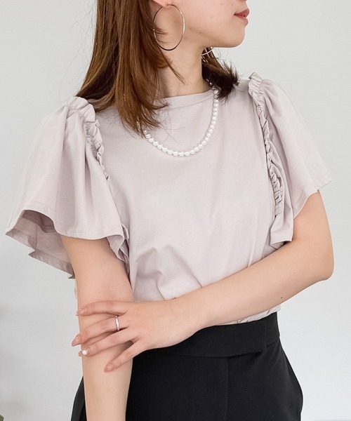 RCD(アールシーディー)の「【二の腕カバー 華奢見え】ショルダーフリルフレンチスリーブTシャツ(Tシャツ/カットソー・レディース・ブラック/ホワイト/ミント/ピンクベージュ/チャコールグレー・4L~5L/M-L/LL~3L)」の5枚目の写真