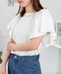 【二の腕カバー 華奢見え】ショルダーフリルフレンチスリーブTシャツ