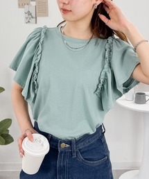 【二の腕カバー 華奢見え】ショルダーフリルフレンチスリーブTシャツ