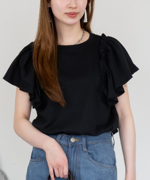 RCD(アールシーディー)の「【二の腕カバー 華奢見え】ショルダーフリルフレンチスリーブTシャツ(Tシャツ/カットソー・レディース・ブラック/ホワイト/ミント/ピンクベージュ/チャコールグレー・4L~5L/M-L/LL~3L)」の8枚目の写真