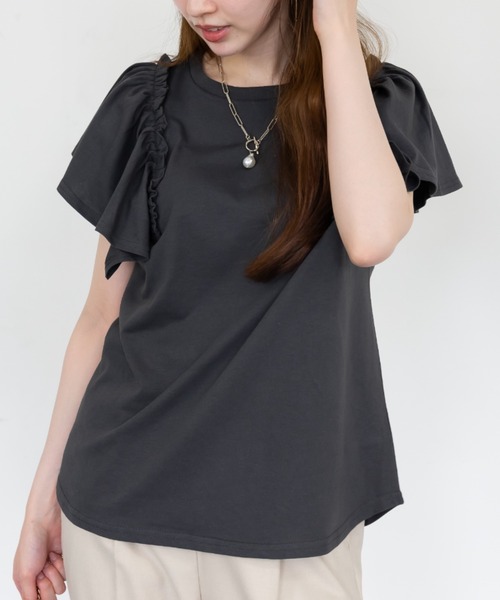 RCD(アールシーディー)の「【二の腕カバー 華奢見え】ショルダーフリルフレンチスリーブTシャツ(Tシャツ/カットソー・レディース・ブラック/ホワイト/ミント/ピンクベージュ/チャコールグレー・4L~5L/M-L/LL~3L)」の9枚目の写真