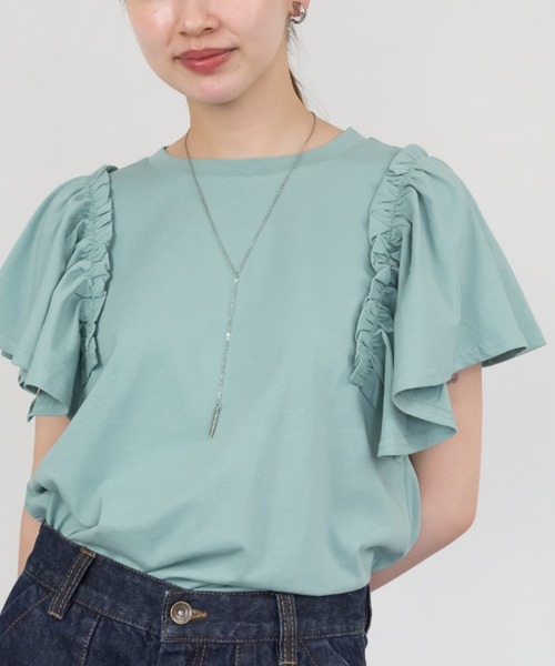 RCD(アールシーディー)の「【二の腕カバー 華奢見え】ショルダーフリルフレンチスリーブTシャツ(Tシャツ/カットソー・レディース・ブラック/ホワイト/ミント/ピンクベージュ/チャコールグレー・4L~5L/M-L/LL~3L)」の10枚目の写真