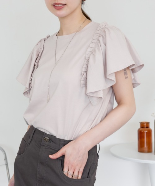 RCD(アールシーディー)の「【二の腕カバー 華奢見え】ショルダーフリルフレンチスリーブTシャツ(Tシャツ/カットソー・レディース・ブラック/ホワイト/ミント/ピンクベージュ/チャコールグレー・4L~5L/M-L/LL~3L)」の6枚目の写真