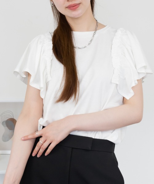 RCD(アールシーディー)の「【二の腕カバー 華奢見え】ショルダーフリルフレンチスリーブTシャツ(Tシャツ/カットソー・レディース・ブラック/ホワイト/ミント/ピンクベージュ/チャコールグレー・4L~5L/M-L/LL~3L)」の7枚目の写真