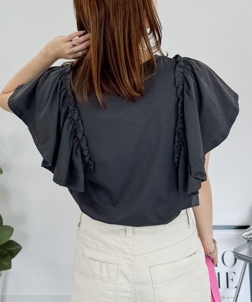 RCD(アールシーディー)の「【二の腕カバー 華奢見え】ショルダーフリルフレンチスリーブTシャツ(Tシャツ/カットソー・レディース・ブラック/ホワイト/ミント/ピンクベージュ/チャコールグレー・4L~5L/M-L/LL~3L)」の21枚目の写真