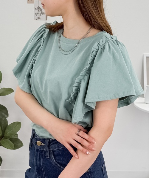 RCD(アールシーディー)の「【二の腕カバー 華奢見え】ショルダーフリルフレンチスリーブTシャツ(Tシャツ/カットソー・レディース・ブラック/ホワイト/ミント/ピンクベージュ/チャコールグレー・4L~5L/M-L/LL~3L)」の22枚目の写真