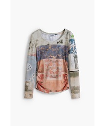Desigual | コラージュモチーフプリント サイドフリル長袖Tシャツ(Tシャツ/カットソー)