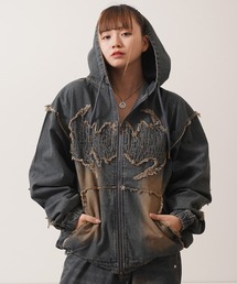 トライバルフリンジ デニムZIPパーカー / Tribal Fringe Denim Zip Hoodie