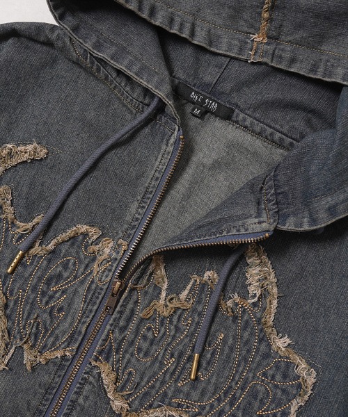 1111clothing(ワンフォークロージング)の「トライバルフリンジ デニムZIPパーカー / Tribal Fringe Denim Zip Hoodie(デニムジャケット・メンズ・ブルー/ブラック・M/L)」の6枚目の写真