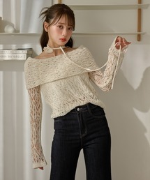 choker turn back lace knit /チョーカー付き折り返しレース編みニットトップス