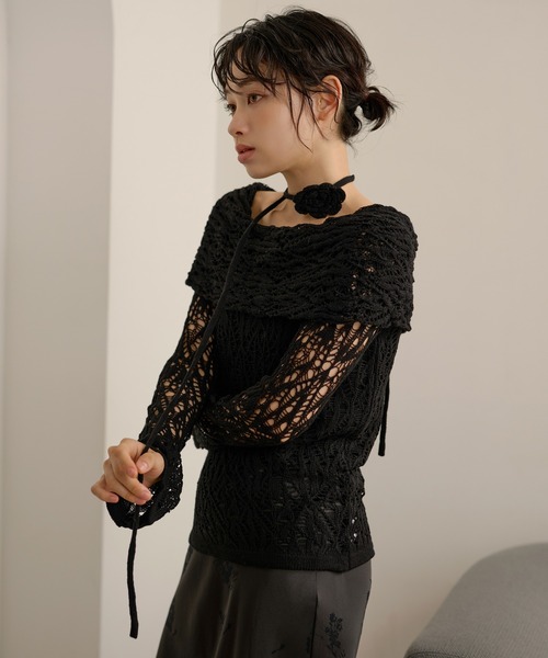 LAULEN(ローレン)の「choker turn back lace knit /チョーカー付き折り返しレース編みニットトップス(ニット/セーター・レディース・ブラウン/ブラック/アイボリー・FREE)」の1枚目の写真