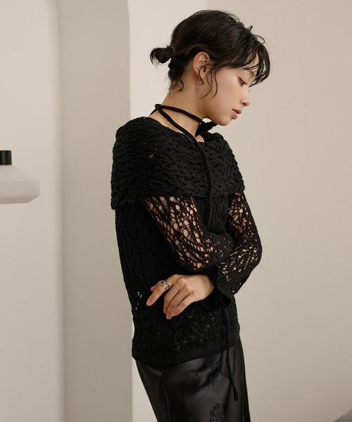 LAULEN(ローレン)の「choker turn back lace knit /チョーカー付き折り返しレース編みニットトップス(ニット/セーター・レディース・ブラウン/ブラック/アイボリー・FREE)」の5枚目の写真