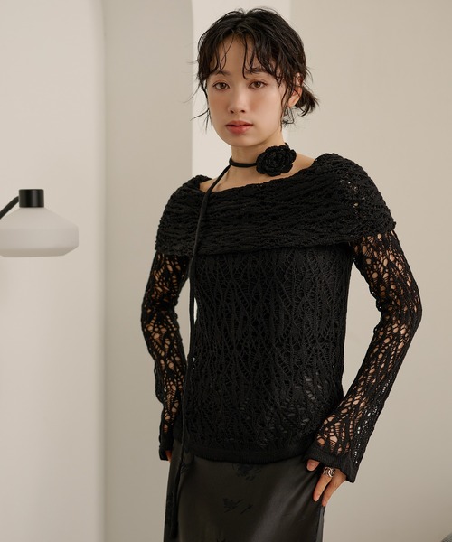 LAULEN(ローレン)の「choker turn back lace knit /チョーカー付き折り返しレース編みニットトップス(ニット/セーター・レディース・ブラウン/ブラック/アイボリー・FREE)」の6枚目の写真