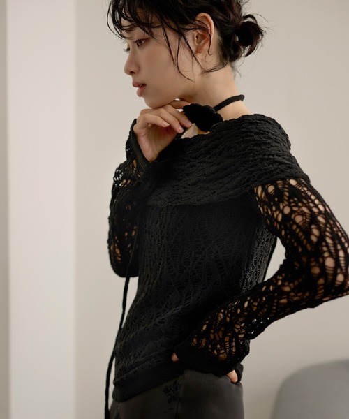 LAULEN(ローレン)の「choker turn back lace knit /チョーカー付き折り返しレース編みニットトップス(ニット/セーター・レディース・ブラウン/ブラック/アイボリー・FREE)」の7枚目の写真